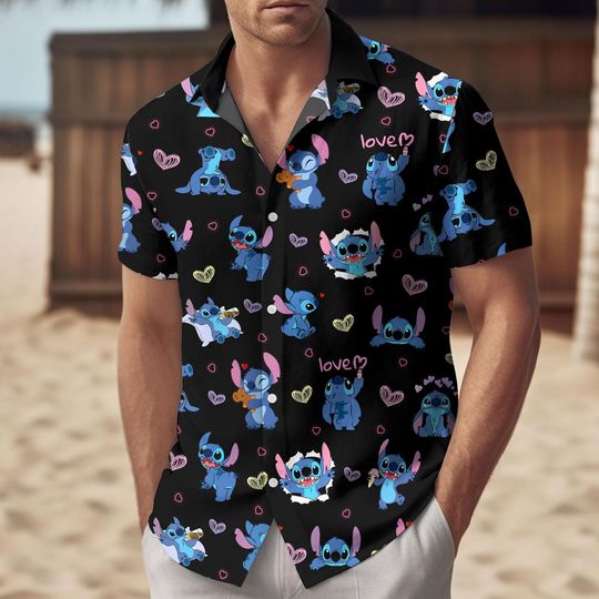 Stitch Valentine Button Up Shirt, Stitch And Angel Button Shirt, Shirt For Men, Disneyland Trip Button Shirt For Him, Valentine Gift