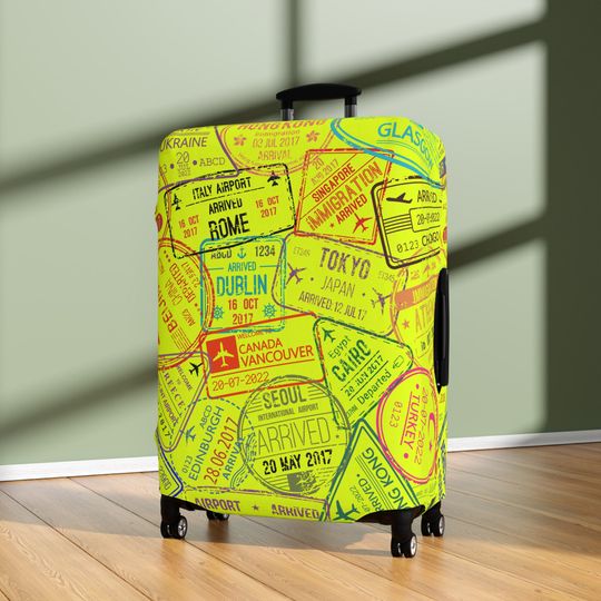 Luggage Cover - Suitcase & Baggage Protection - Washable Spandex Polyester Fabric - Travel Essential and Gifts - Yellow Passport Stamps
