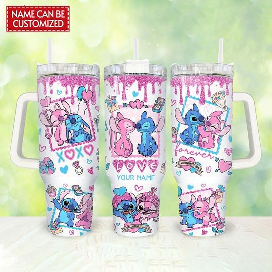 Custom Stitch And Angel Stainless Tumbler, Disney Stitch 40oz Tumbler, Stitch Valentine Steel Tumbler, Magic Kingdom Drinkware Tumbler