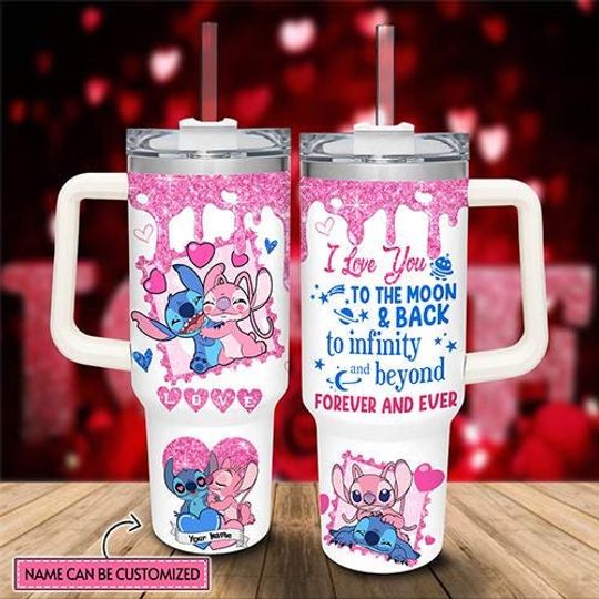Personalized Stitch And Angel Stainless Tumbler, Stitch Valentine Tumbler Cup, Disney Stitch Drinkware Tumbler, Disney 40oz Tumbler