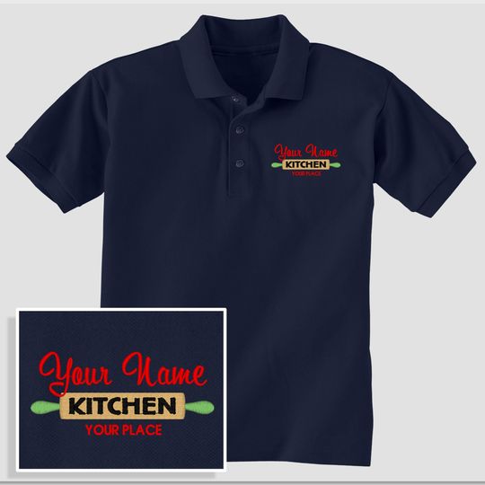 Custom Kitchen Polo, Personalized Embroidered 3-button Cotton Knit Golf Style Shirt, for Mom Granma Foodies Caterers Cooks Gourmets Food