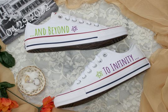 Disney Wedding Converse -   White Low Top Converse Toy Story Woody Buzz Lightyear To Infinity and Beyond Wedding Pixar Wedding