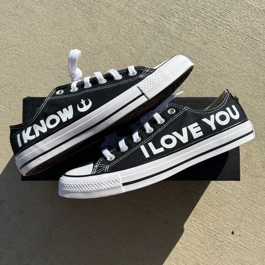 Star Wars Wedding Converse -  Black Low Top Converse I Love You I Know Couple Nerd Star Wars Han Solo and Princess Leia Disney Wedding