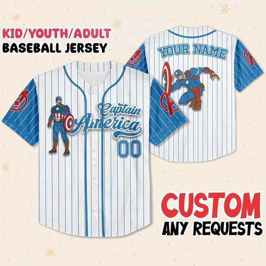 Custom USA Captain 2 Cartoon Sport Jersey, Superhero Baseball Jersey, Captain America Jersey Team Gift, Disney Summer Trip Matching Jersey
