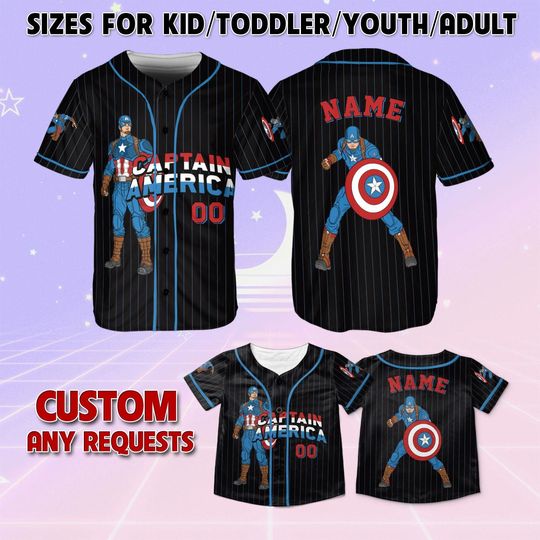 Marvel Captain America Baseball Jersey, Captain America Superhero Kids Jersey, Personalized Captain America Baseball Jersey