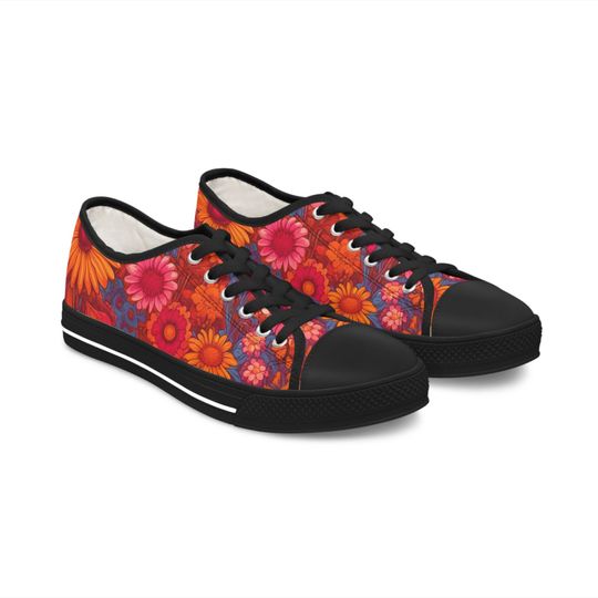 WILDFLOWER LOW TOPS - Pink & Orange Wildflower Women's Classic Low Tops, Trendy Low Top Shoes, Canvas Lace Up Shoes, Floral Sneakers Gift