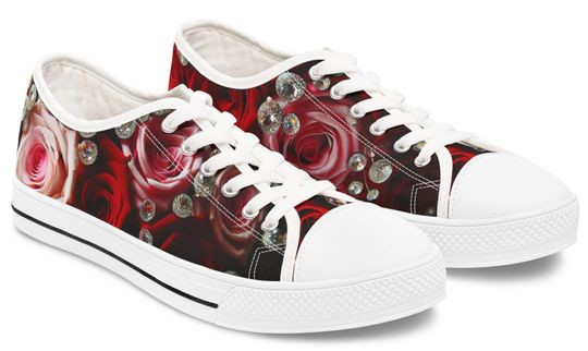 Red Pink Roses Diamonds Women's Low Top Sneakers  Wedding Bachelorette Athletic Fun Party Designer Shoes Casual Floral Boho Victorian
