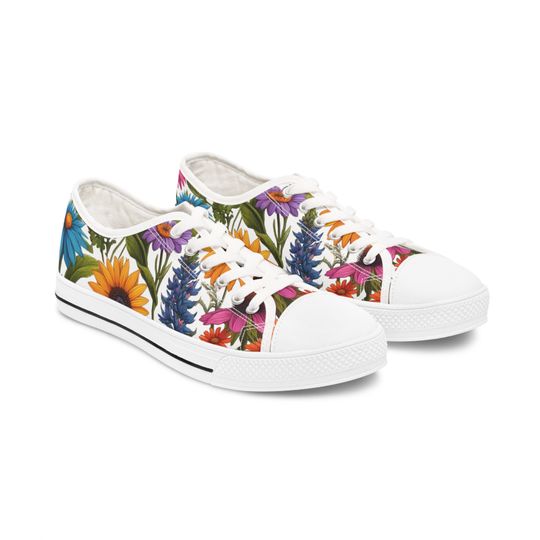 WILDFLOWER LOW TOPS - White Multicolor Wildflower Women Classic Low Tops Shoes, Trendy Low Top Shoes Casual Lace Up Shoes, Floral Sneakers
