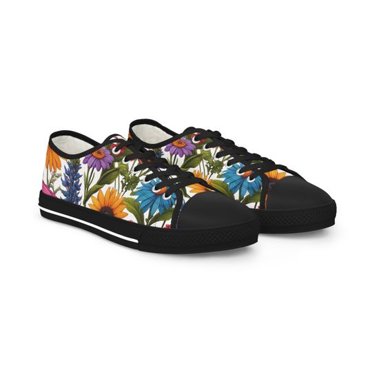 WILDFLOWER LOW TOPS - White Multicolor Wildflower Men's Classic Low Tops, Trendy Low Top Shoes, Casual Lace Up Shoes, Floral Sneakers Gift