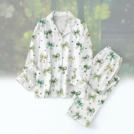 Coquette Patrick's Day Bow Pajamas Set, Shamrock Lucky Bow Pajamas, Irish Patrick Holiday Pajamas, Green Day Sleepwear, Lucky Gifts
