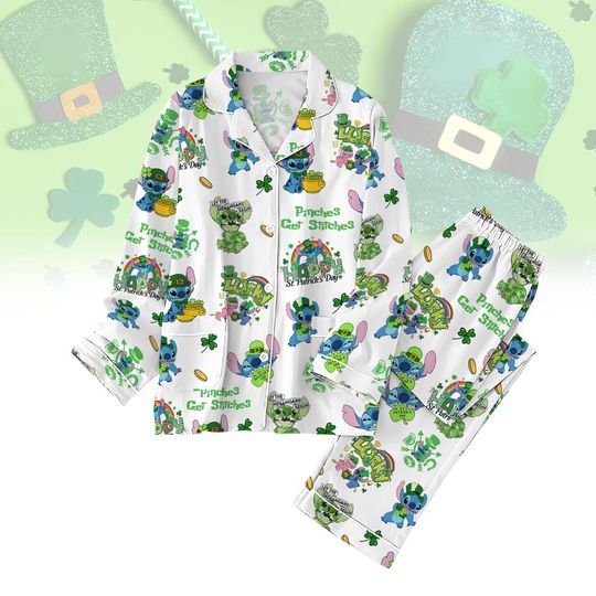 Stitch St Patricks Day Pajamas Set, Disney Cartoon Pajamas Pants, Disney Shamrock Sleepwear, St Patrick's Day Vacation Pajamas