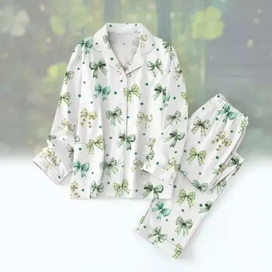 Coquette Patrick's Day Bow Pajamas Set, Shamrock Lucky Bow Pajamas 2025