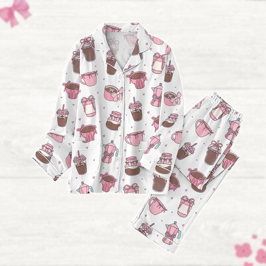 Coquette Coffee Pajamas Set, Valentines Day Coffee Women Pajamas, Girly Midnight Shirt, Soft Girl Coffee Lover Tee, Funny Gift For Her