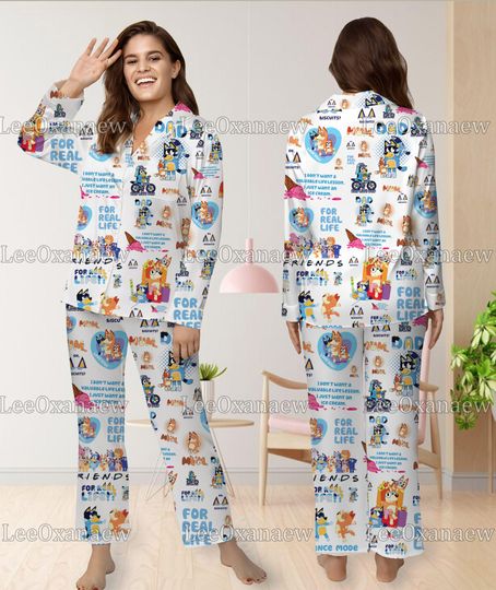 BlueyDad Family Pajamas Set, BlueyDad Family Long Sleeve Pyjamas Set, Womens Sleepwear, Gift For Her, Women's Pajama Sets