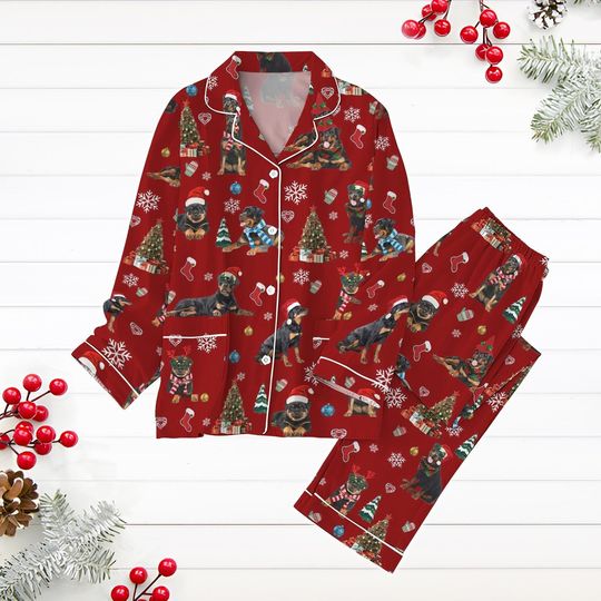 Rottweiler Christmas Dog Pajamas Set, Dog Christmas Shirt, Pet Xmas Holiday Pajamas, New Year Shirt, Long Sleeve Pyjamas, Dog Lover Pjs