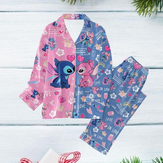 Stitch And Anger Couple Pajamas Set, Stitch Ohana Mean Family Shirt, Disney Stitch Family Pajamas, Magic Kingdom Gift, Valentines Gift