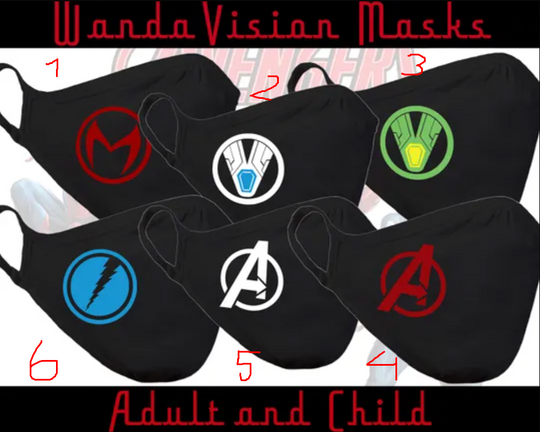 Wandavision Masks, Disney Marvel Avengers, White Vision, Scarlet Witch, Vision | Cotton/Polyester DUAL layer face mask | Ships from the US