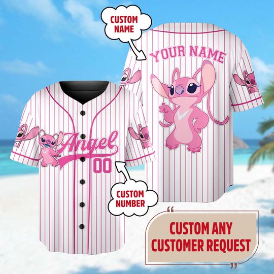 Personalized Stitch Angel Baseball Jersey, Custom Kid Youth Adult Baseball Shirt, Magic Kingdom Lilo and Stitch Jersey, Stitch Birthday Gift