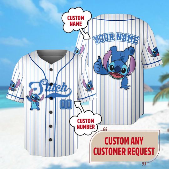 Personalized Stitch Baseball Jersey, Custom Kid Youth Adult  Lilo and Stitch Baseball Shirt, Magic Kingdom Trip Outfit, Cute Birthday Gift