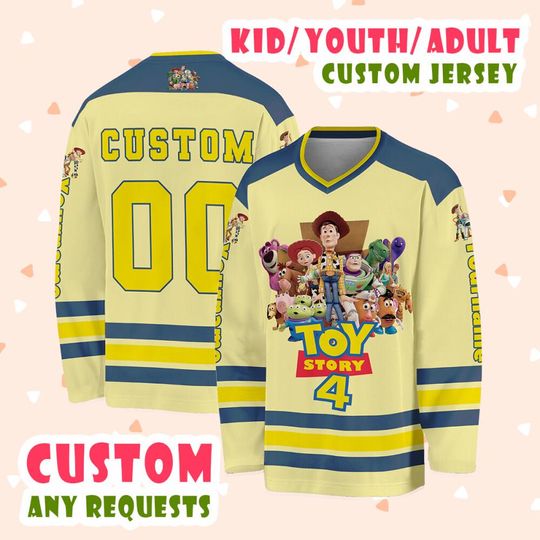 Toy Story The Movie Hockey Custom Jersey, Woody And Friends Inspired Hockey Custom Jersey, Hockey Cartoon Movie Team Jersey