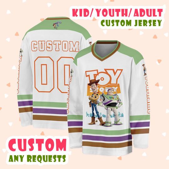 Toy Story Woody And Friends Inspired Hockey Custom Jersey, Toy Story The Movie Hockey Jersey, Hockey Cartoon Movie Team Jersey