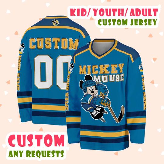 Customized Disney Mickey Mouse Hockey Classic Blue Yellow Jersey, Hockey Disney Custom Shirt, Hockey Team Jersey, Hockey Lovers Gifts