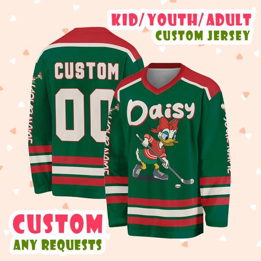 Discover Customized Disney Daisy Hockey Classic Green and red Jersey, Hockey Disney Custom Shirt, Hockey Team Jersey, Hockey Lovers Gifts