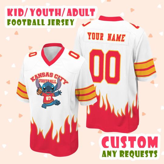 Custom Disney Mickey Kanas City Football Classic White mix Red fire Jersey, Football Jersey Disney Custom Shirt, Football Team Jersey