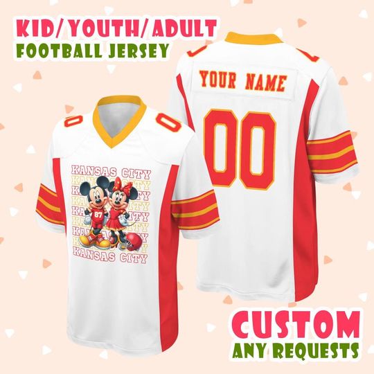 Custom Disney Mickey Kanas City Football Classic White mix Red Jersey, Football Jersey Disney Custom Shirt, Football Team Jersey