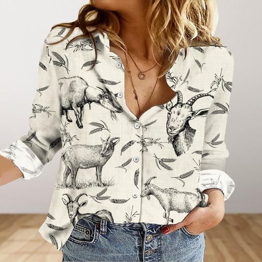 Goat Linen Shirt, Goat Lover Women Blouses, Cute Goats Long Sleeve Shirt, Farm Animal Shirt, Farmer Girl Shirt, Linen Button Down Shirt
