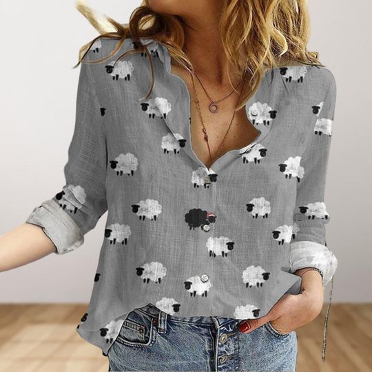 Sheep Linen Shirt, Animal Lover Shirt, Sheep Farming Women Blouses, Animals Shirt, Sheep Mom Shirt, Farmer Gift, Farmer Girl Shirt