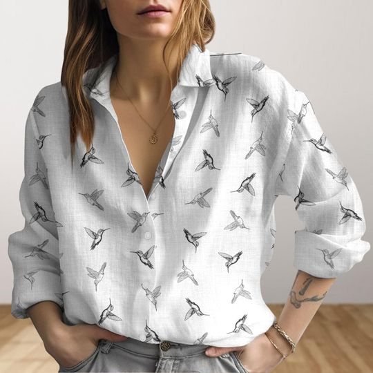 Hummingbird Linen Shirt, Hummingbird Lover Women Blouses, Bird Women's Clothing, Nature Long Sleeve Shirt, Animal Shirt, Gift For Her