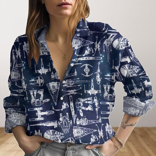Disney Star Wars Linen Shirt, Star Wars Spaceship Women Blouses, Movie Long Sleeve Shirt, Galaxy's Edge Linen Button Down Shirt For Her