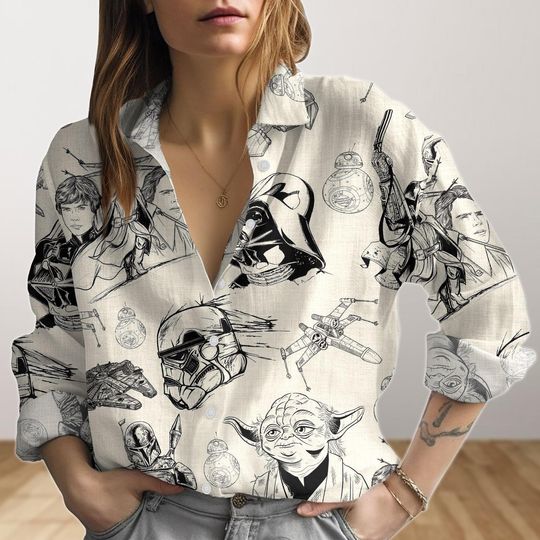 Star Wars Linen Shirt, Disney Star Wars Women Blouses, Star Wars Characters Long Sleeve Shirt, Galaxy's Edge Linen Button Down Shirt