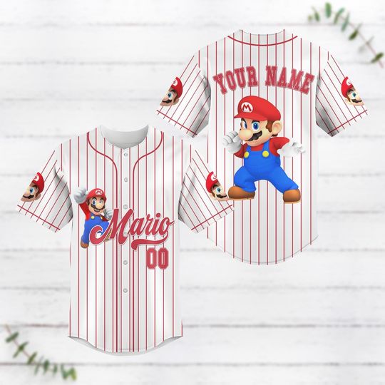 Custom Mario Striped Line Baseball Jersey, Super Mario Baseball Shirt, Video Game Jersey Shirt, Gaming Shirt For Men, Gifts For Him