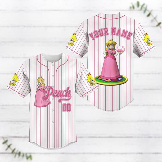 Custom Princess Peach Striped Line Baseball Jersey, Super Mario Baseball Shirt, Video Game Jersey Shirt, Gaming Shirt For Women Her