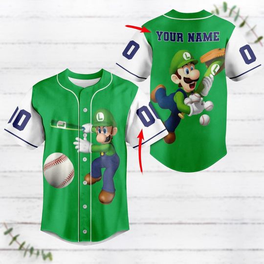 Custom Luigi Striped Line Baseball Jersey, Super Mario Baseball Shirt, Video Game Jersey Shirt, Gaming Shirt For Men, Gifts For Him