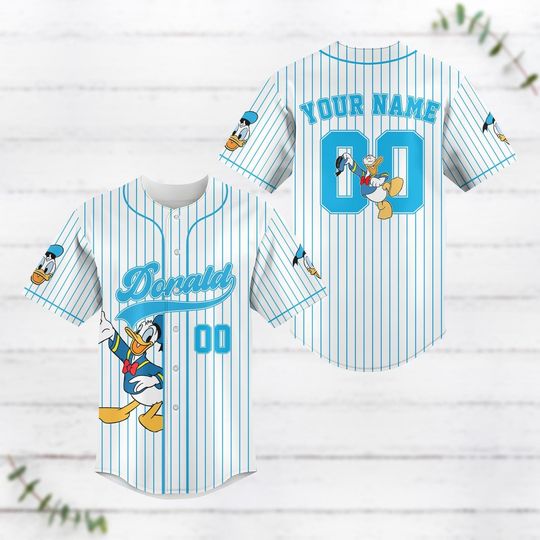 Discover Custom Donald Striped Line Baseball Jersey, Disney Donald Duck Baseball Shirt, Disneyland Jersey Shirt, Disney World Shirt, Disney Trip