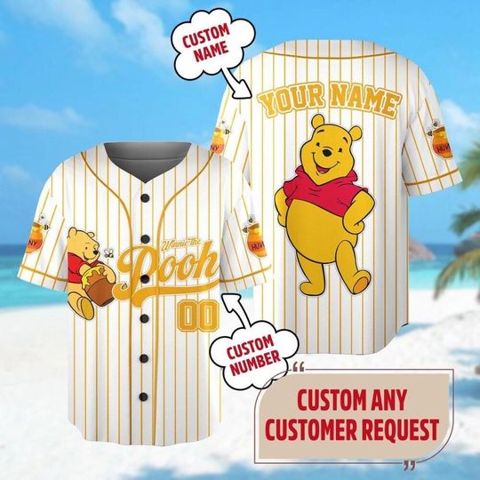 Custom Winnie the Pooh Bear Baseball Jersey, Custom Pooh Bear Kid Youth Adult Jersey, Magic Kingdom Family Trip Gift for Sport Fans