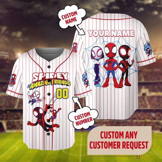 Custom Spidey And His Amazing Friends Baseball Jersey, Spider Verse Baseball Jersey Junior Hero Team Shirt, Spider Group Trip Outfit