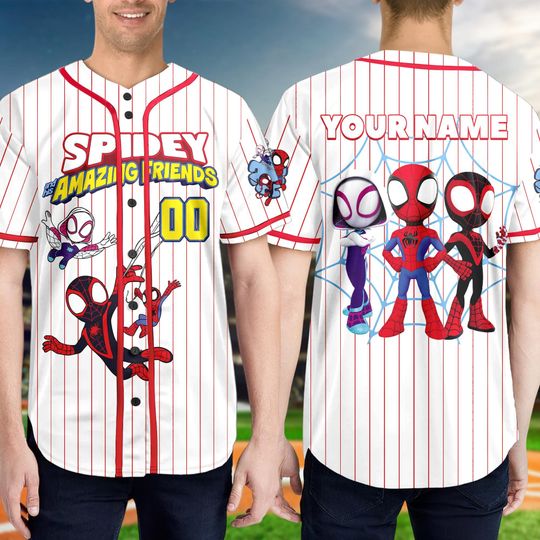 Custom Spidey And His Amazing Friends Baseball Jersey, Spider Verse Baseball Jersey Junior Hero Team Shirt, Spider Group Trip Outfit