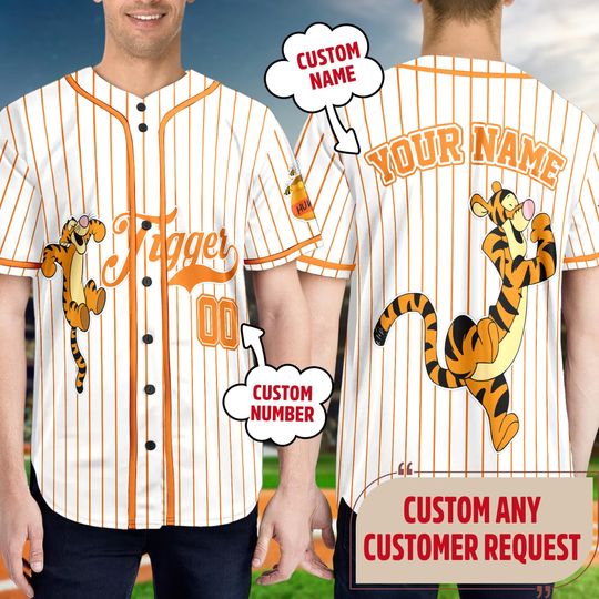 Custom Winnie the Pooh Tigger Baseball Jersey, Custom Kid Youth Adult Sport Jersey, Magic Kingdom Trip Shirt, Birthday Boy Gift