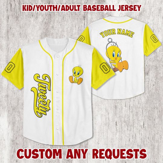 Custom Tweety Yellow Baseball Jersey, Custom Looney Tunes Tweety Jersey, Disney Birthday Gift, Gift For Baseball Fans