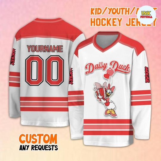 Personalize Vintage Disney Daisy Duck Cute Mickey Mouse Valentine's Day Hockey Jersey, Jersey Team Sports Disneyland Family Trip