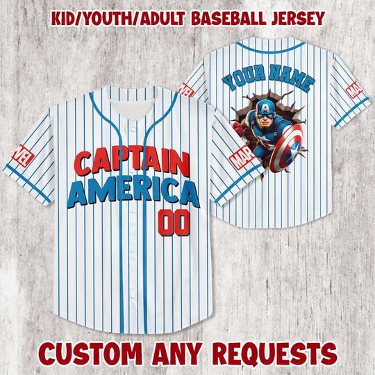 Custom Captain America Baseball Jersey, Captain America Marvels Avengers Assemble Superhero, Gift for Kids, Gift For Baseball Fans