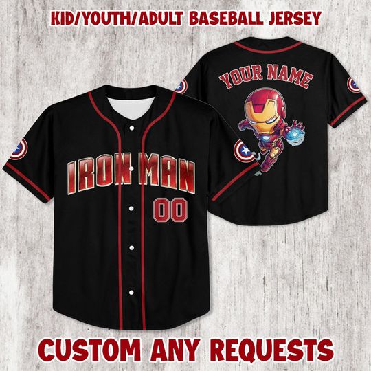 Custom Marvel Avengers Iron Man Baseball Jersey, Iron Man Marvels Avengers Assemble Superhero, Gift for Kids, Gift For Baseball Fans
