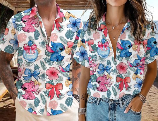 Stitch and Angel Hawaiian Shirt, Disney Coquette Hawaiian Shirt, Stitch Hawaiian Shirt, Stitch Summer Shirt, Stitch Couple Shirt