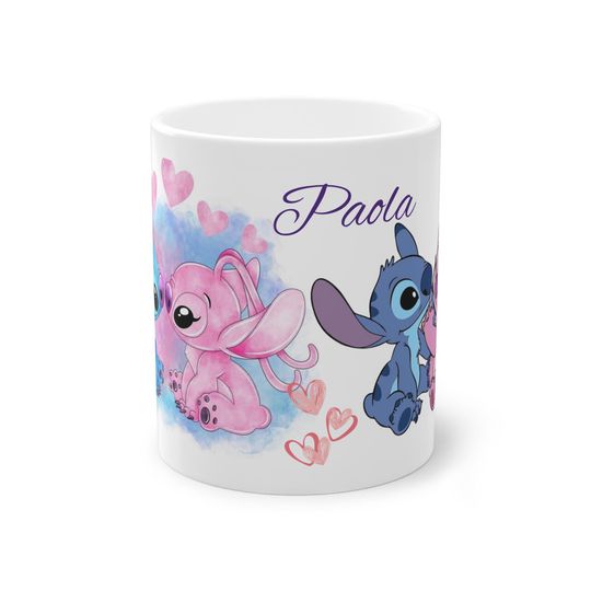 Personalized Stitch and Angel Mug, Cute Stitch Coffee Cup, Lilo and Stitch Fan Gift, Custom Disney Mug, Taza Con Stitch