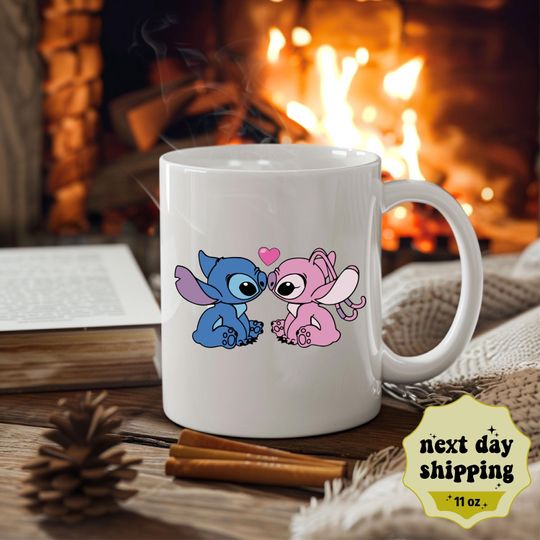 Stitch and Angel Love Mug, Disney Stitch and Angel Kiss Coffee Mug, 11oz Coffee Mug Personalized, Custom Tea Cup for Lovers, Girlfriend Gift