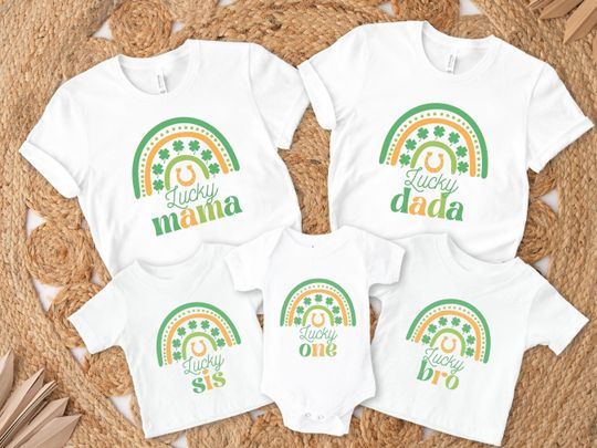 St Patricks Day Rainbow 1st Birthday Shirt, Saint Patricks First Birthday Family Matching Tees, Lucky Mama Dada Tshirt, Shamrock Lucky Charm